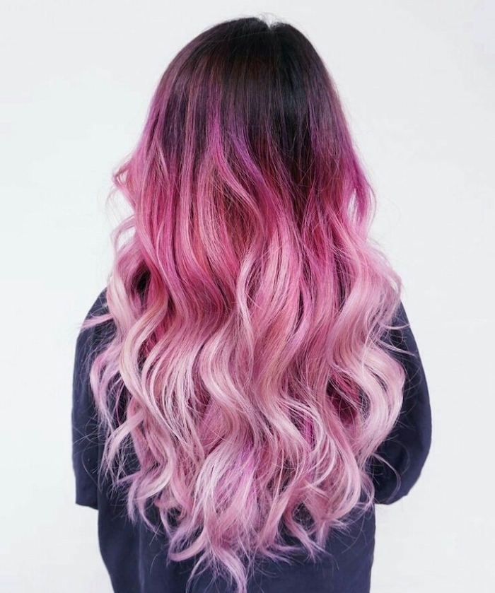 black to dark to light pink, ombre curly hair, long wavy hair, black shirt, white background