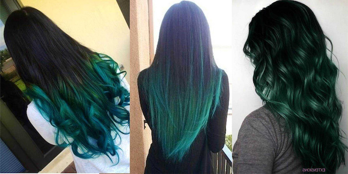 blonde ombre, side by side photos, black to dark turquoise, long hair, straight and curly hairstyles