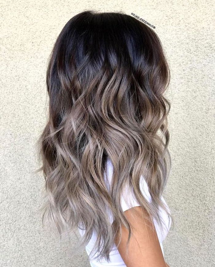 black to ash grey, blonde ombre, white shirt, white background, long wavy hair