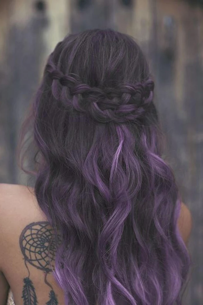black to purple, half braided hair, dreamcatcher tattoo, ombre curly hair