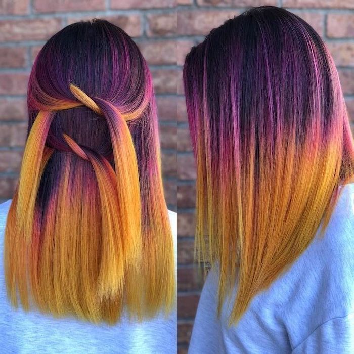 ombre hair color, violet to yellow, grey sweatshirt, brick wall, medium length hair