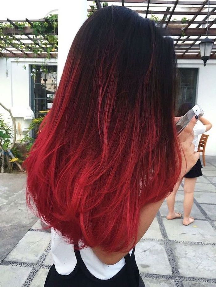 black to red, long and straight hair, ombre curly hair, paved street, white top