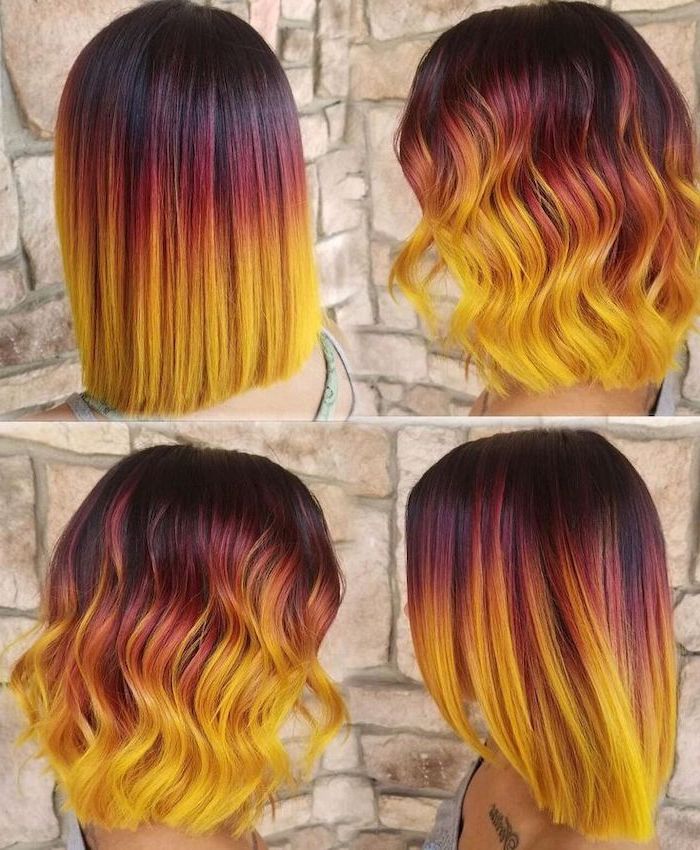 red burgundy to yellow, ombre hair color, short bob, curly and straight hairstyles, four photos