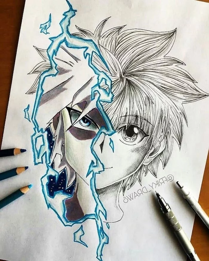 split drawing, how to draw anime, colourful drawing, anime