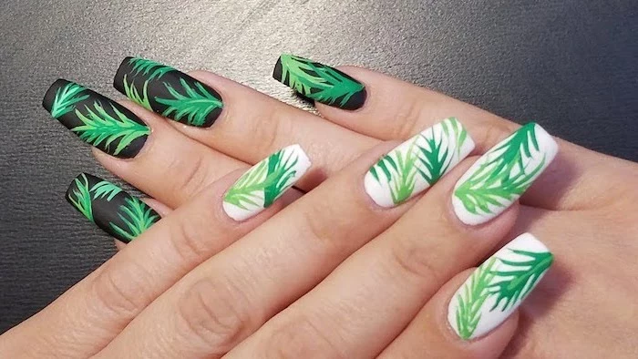 black and white matte nail polish, cute nail designs, green palm leaves, black background