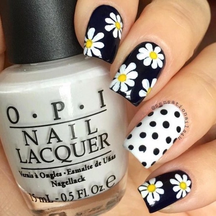 black and white nail polish, white daisies, black dots, matte nail designs, nail polish bottle