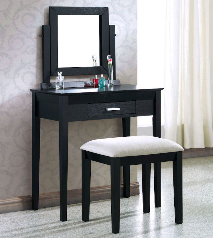 black wooden table, makeup vanity with lights, wooden stool, square mirror, mosaic floor, grey wallpaper