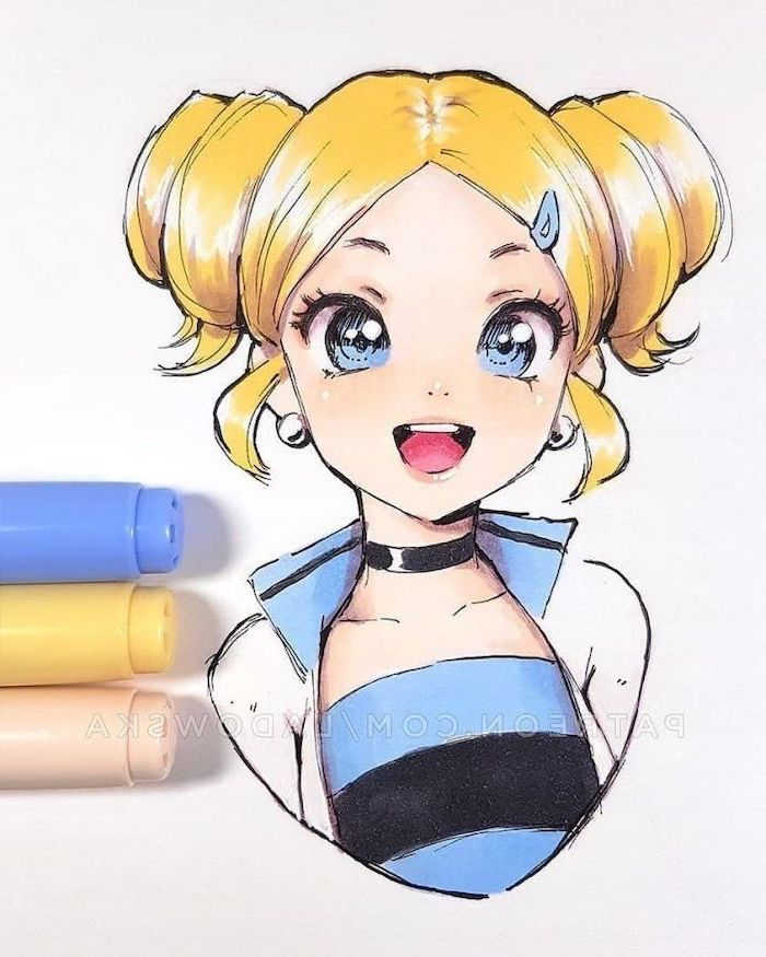 how to draw anime characters, girl drawing, blonde hair, blue shirt, colourful drawing