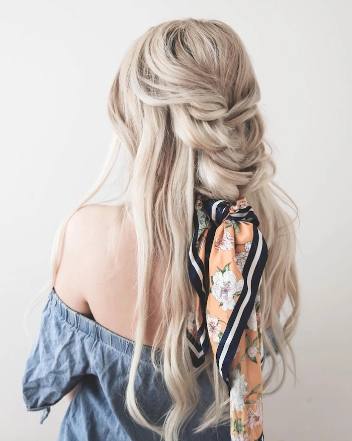 loose braid, blonde hair, orange scarf, braid hairstyles for girls, blue off the shoulder top