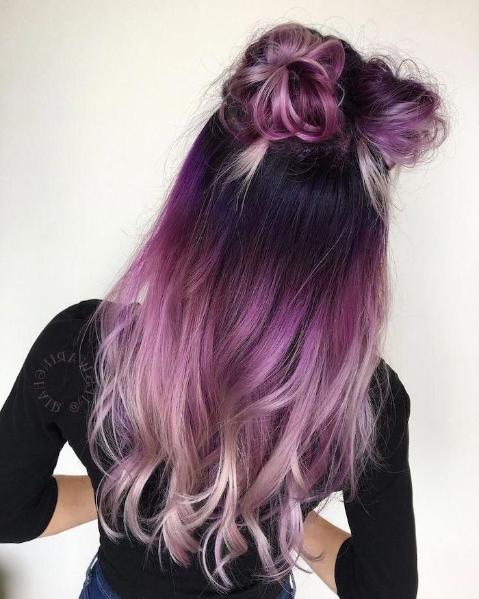 long wavy hair, in two buns, black to purple, to light pink, ombre hair color, black blouse