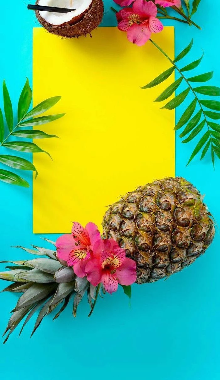 cute wallpapers, pineapple and coconut, pink flowers, yellow paper, green palm leaves