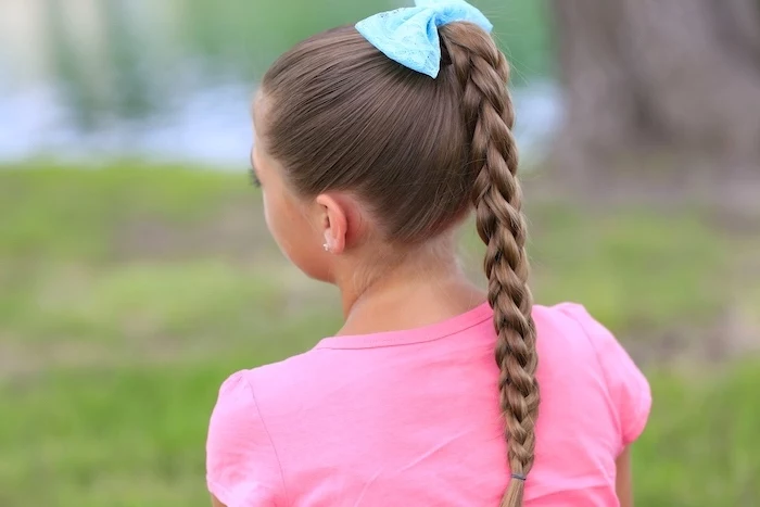 braided ponytail, blue bow, pink shirt, little girl, box braids hairstyles