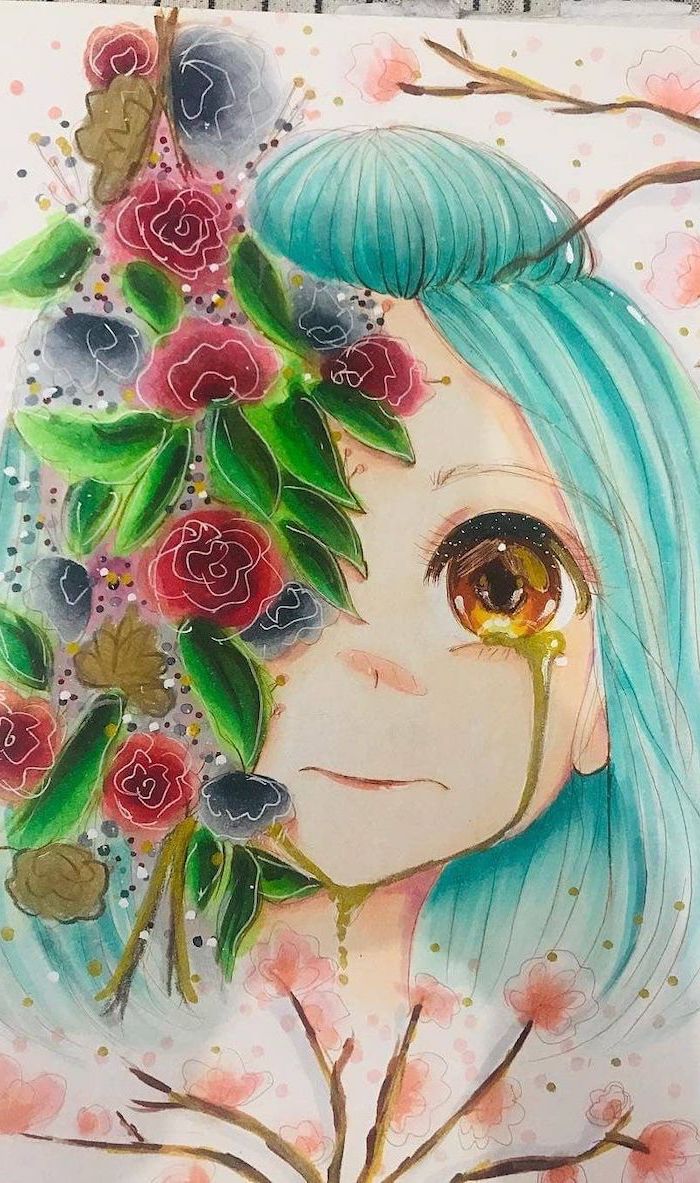 easy anime drawings, colourful drawing, flowers and girl, with blue hair, pictures of anime to draw