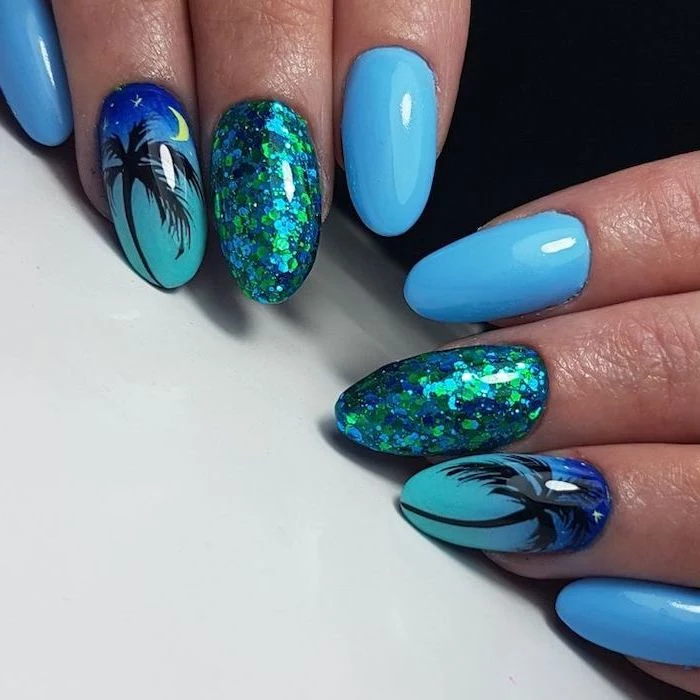 blue nail polish, blue and green glitter, black palm tree, cute nail designs, white background