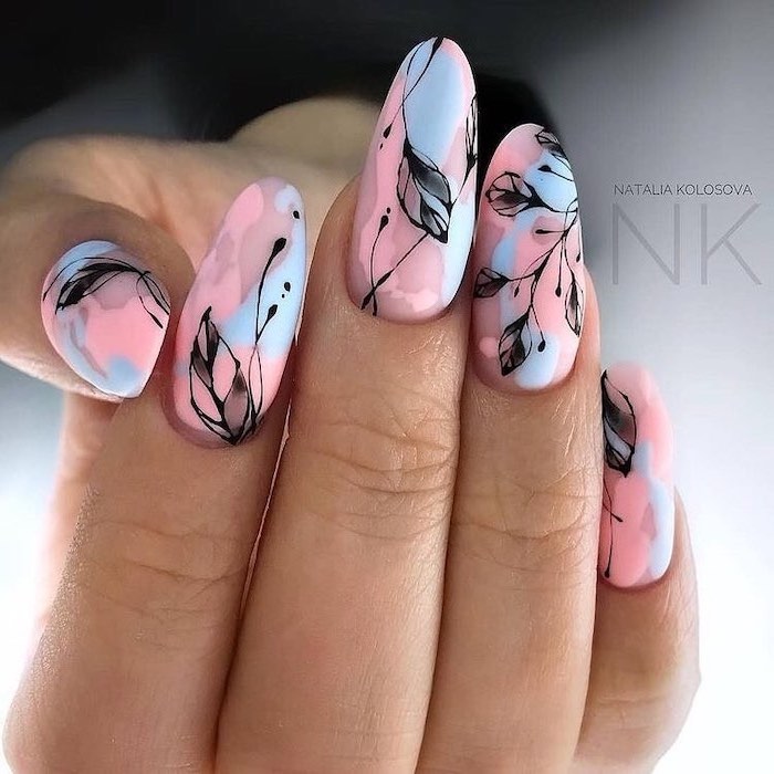 blue an pink watercolour, cute nail designs, black leaves, almond nails