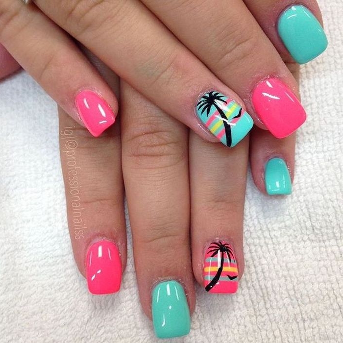 cute summer nails, pink and blue nail polish, black palm trees, white background