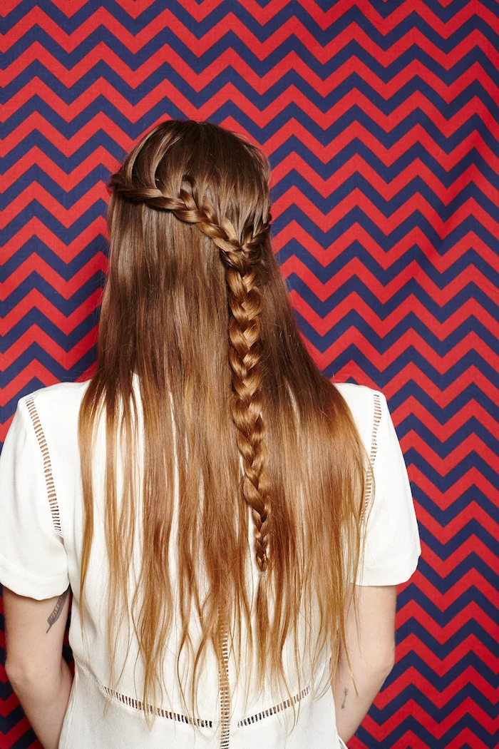 red and blue wallpaper, braid hairstyles with weave, brown hair, half up, half down, white dress