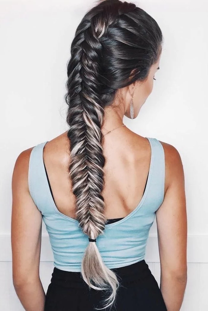 black hair, ash grey highlights, fishtail braid, blue top, white background, braid hairstyles with weave