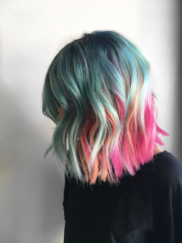 rainbow hair, blue pink and yellow, white background, black shirt, blonde ombre hair