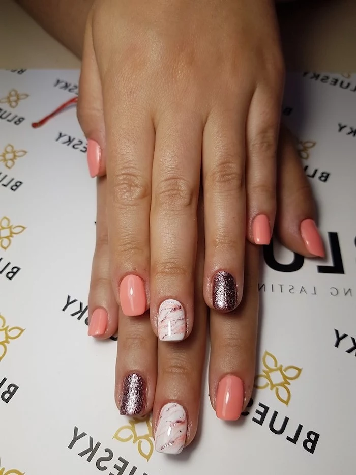 pink and glitter nail polish, pink and white, rose gold marble, cute summer nails, white background