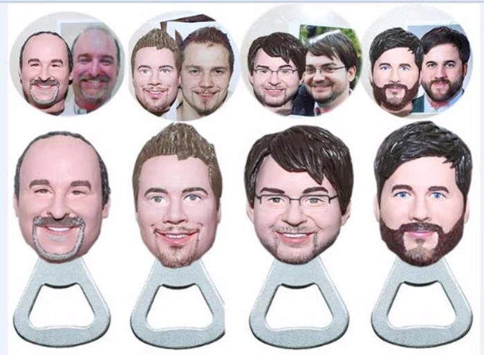 bottle openers, groomsmen gift box, personalised with the groomsmen faces