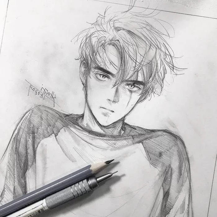 black pen drawing, how to draw anime boy
