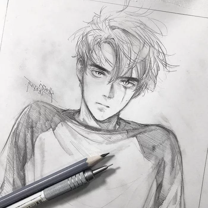 black and white, pencil sketch, how to draw anime characters, boy drawing, how to draw anime boys step by step