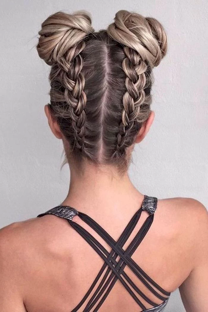 two upside down braids, two buns, braid hairstyles with weave, dark blonde hair, with highlights