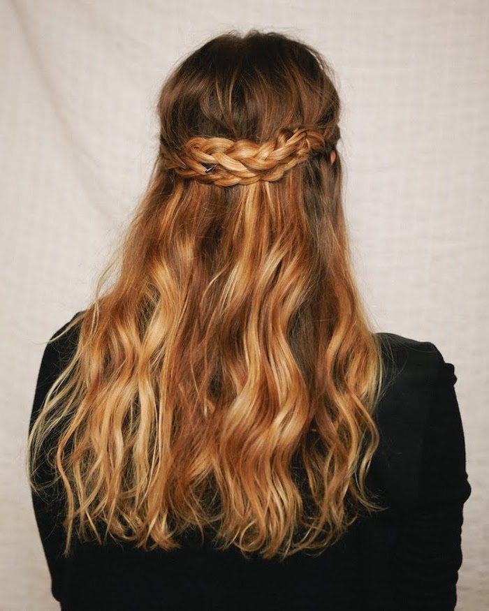 blonde hair, with highlights, two braids intertwined, black blouse, braided hairstyles for black women