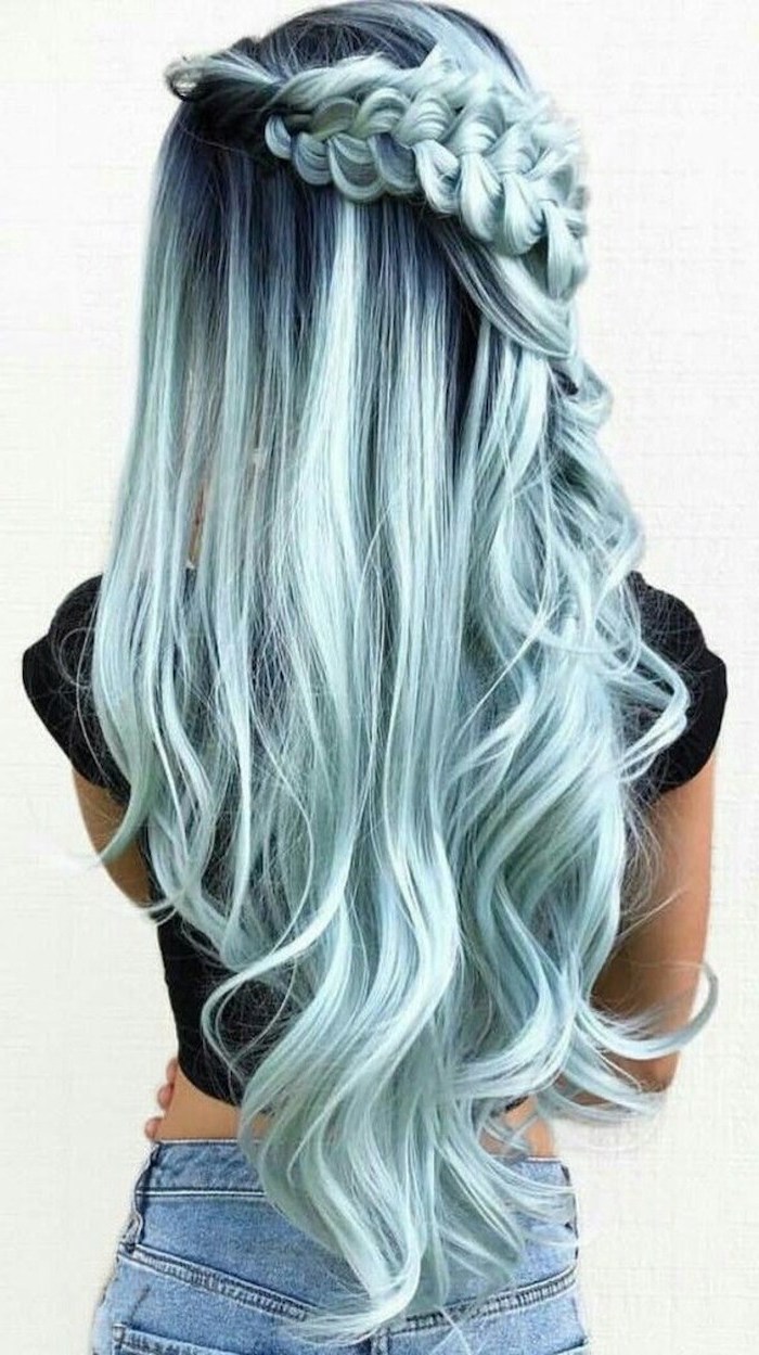 long wavy hair, with a side braid, black to light blue, silver ombre hair, black shirt and jeans