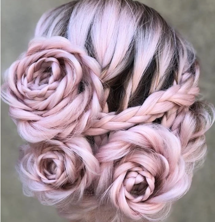 pink hair, braided in the shape of roses, braided updo, braided hairstyles for black women