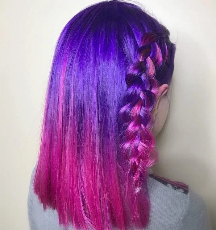 dark purple to pink, with side braid, medium length hair, silver ombre hair, white background