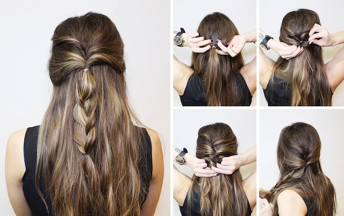 diy tutorial, step by step, brown hair, black braided hairstyles, half up, half down