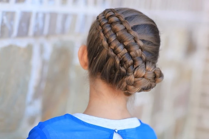 braided brown hair, side braided bun, blue shirt, how to braid hair, little girl