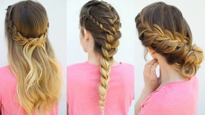 three different hairstyles, how to braid hair, ombre hair, pink shirt, side by side photos