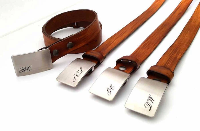 brown leather belts, metal belt buckles, personalised with initials, unique groomsmen gifts