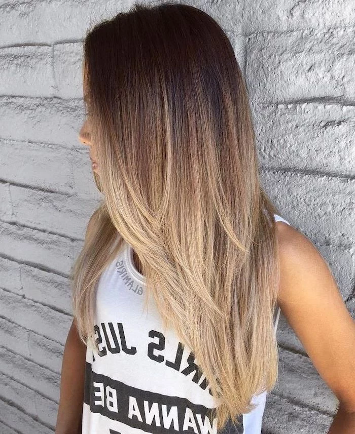 brown to blonde, long straight hair, white brick wall, silver ombre hair, white top