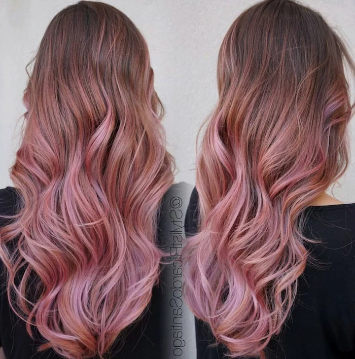 how to ombre hair, brown to rose gold hair, black shirt, white background, side by side photos
