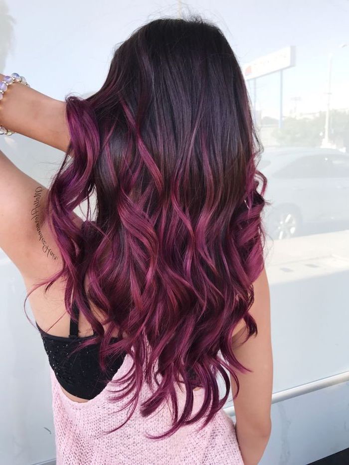 black to violet, long wavy hair, how to ombre hair, pink knitted top, white background