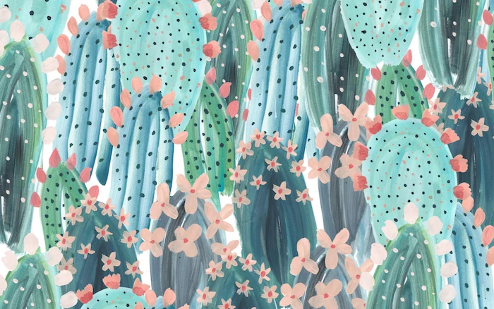 colored drawing, green cactuses, blooming pink flowers, cute wallpapers 2019