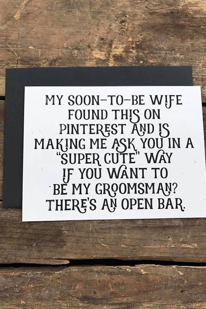 wooden background, funny card, unique groomsmen gifts, black envelope