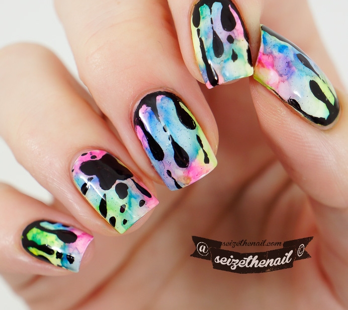 fall nail designs, colorful warercolor, black splashes, blue and pink, green and purple