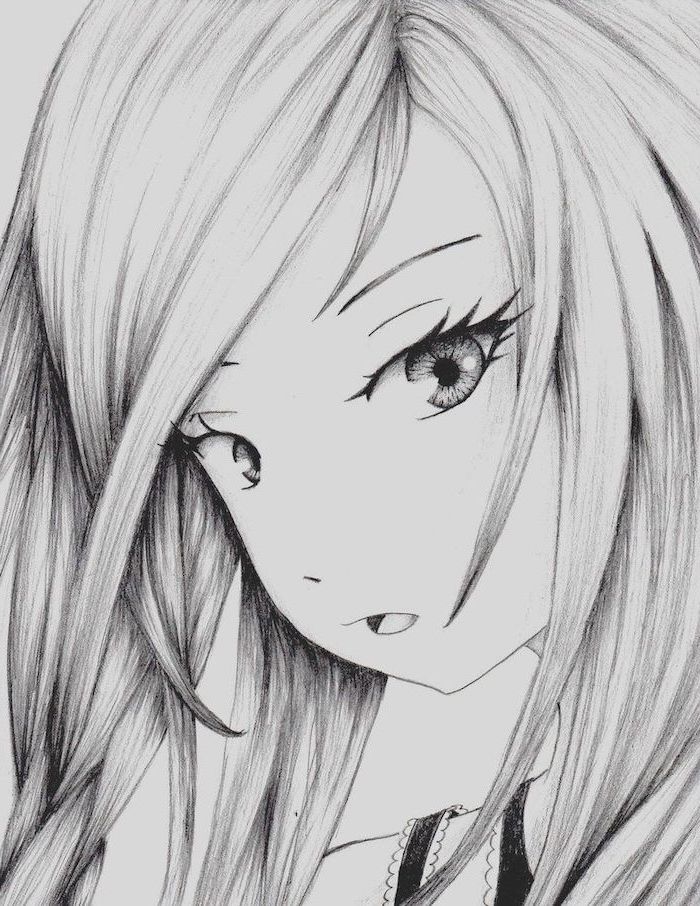 pencil sketch, in black and white, easy anime drawings, close up of a girl