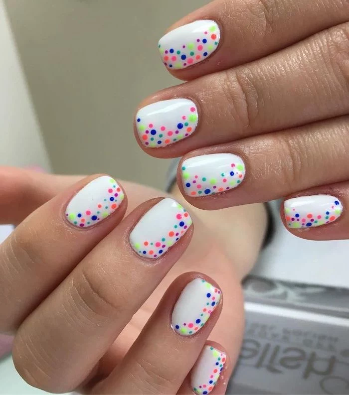 white nail polish, colorful dots, fall nail designs, short nails