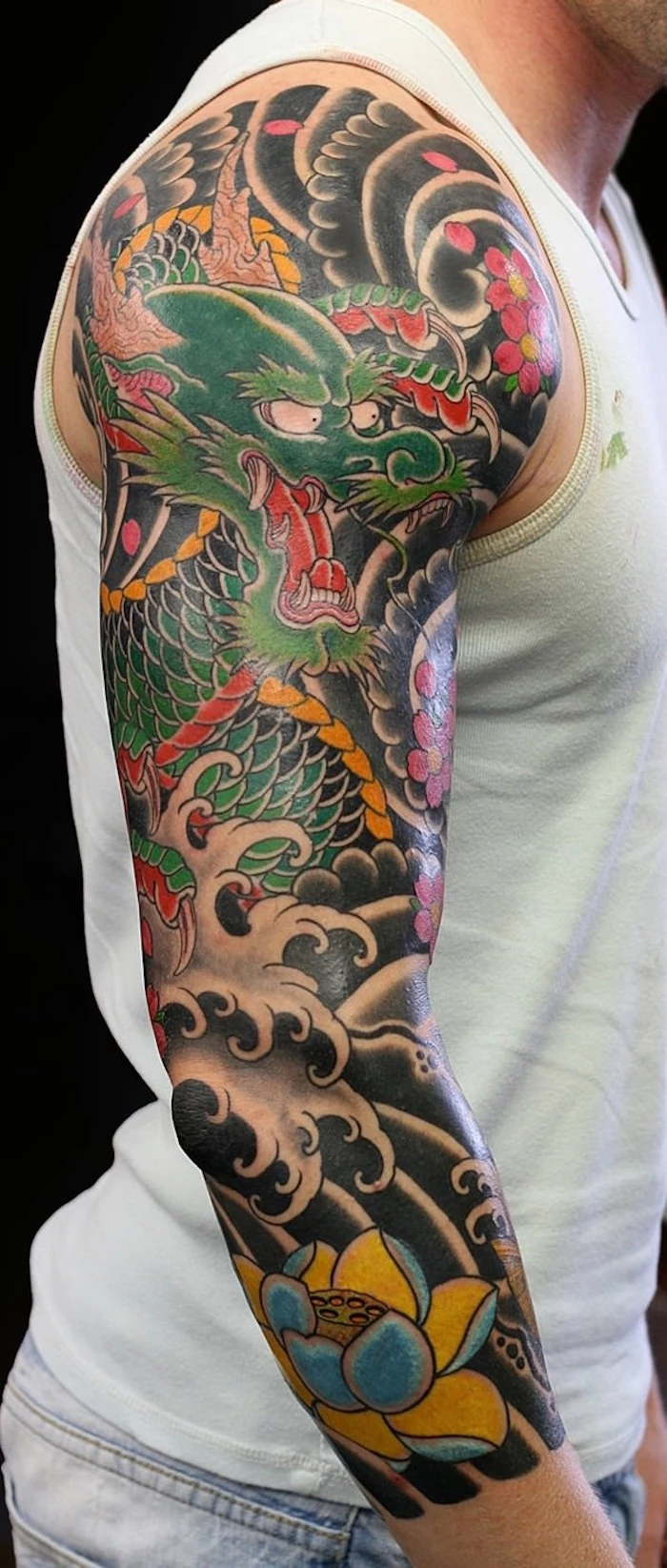 japanese dragon, coloured tattoo, white top, black background, half sleeve tattoos for men