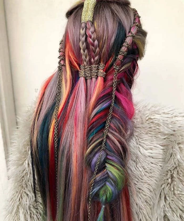 colourful rainbow hair, different braids, with beads and chains, braided hairstyles for short hair