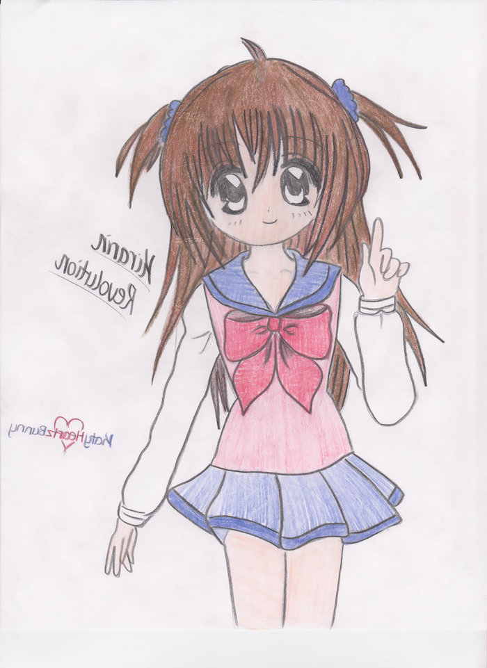 girl drawing, how to draw anime face, pink shirt, blue skirt, brown hair