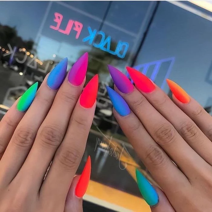 long stiletto nails, rainbow colors, from cold to warm, ombre effect, fall nail designs