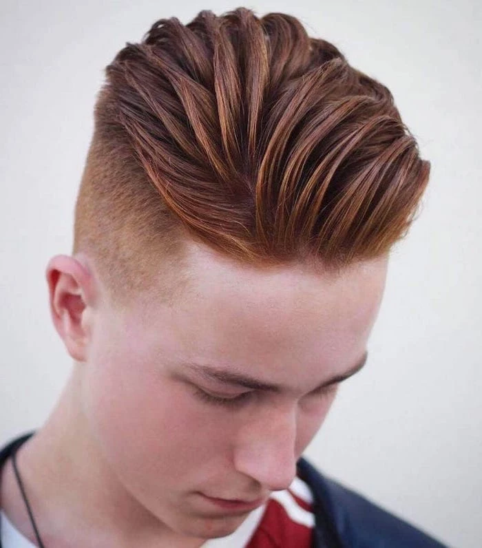 ginger hair, red shirt, blue jacket, boys fade haircuts, white background