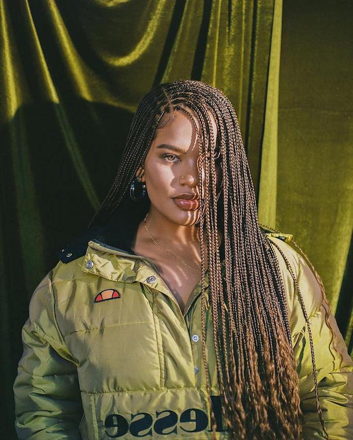olive green, puffer jacket, small braids, braids for short hair, olive green, velvet curtain